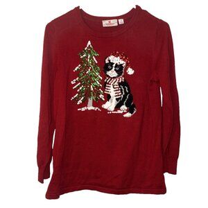 Quacker Factory Christmas Sweater Embroidered Kitty Cat with Sequin Tree Size XS